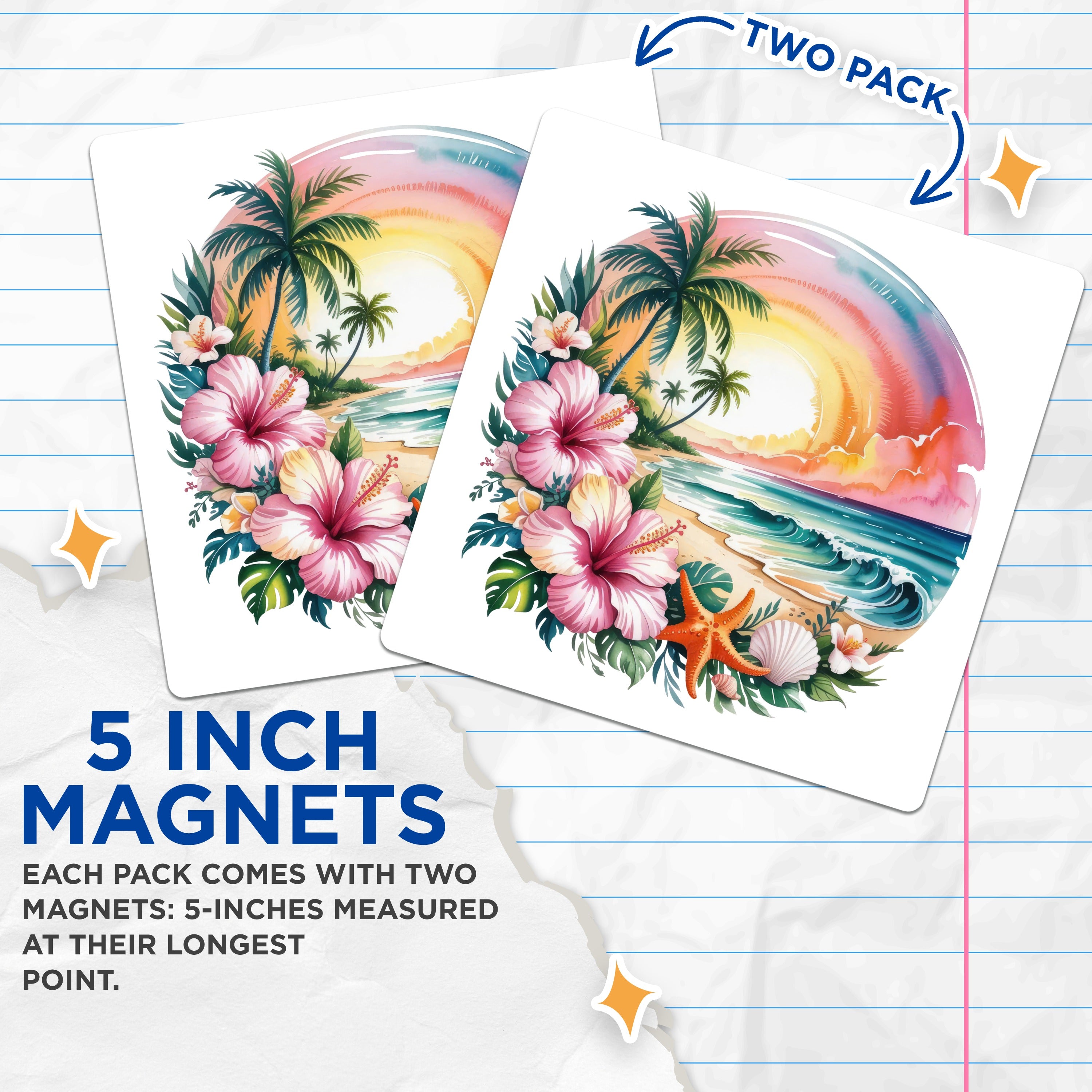 (2 Pack) Tropical Beach Scene Magnets - Watercolor Sunset Decor - Hawaiian Hibiscus Starfish Wave - 5 Inches On Longest Side - Thick Durable Magnet - Made in USA - MAG36480