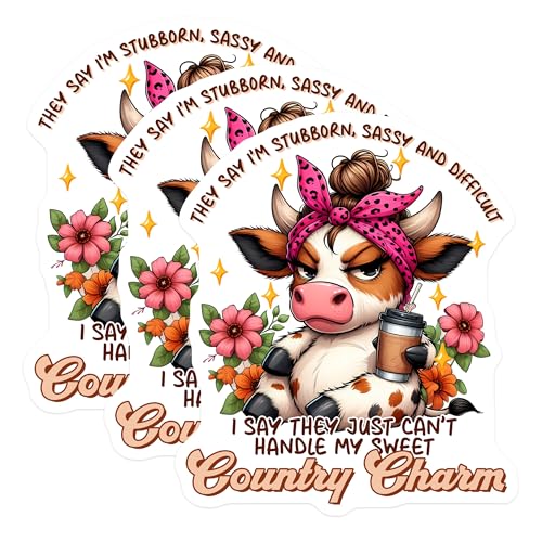 (3 Pack) Sassy Cow Decals - Country Charm - Stubborn Quote - Laptop Decal - 3 Inches On Longest Side - Easy Peel & Apply - Made in USA - 3MCS2557