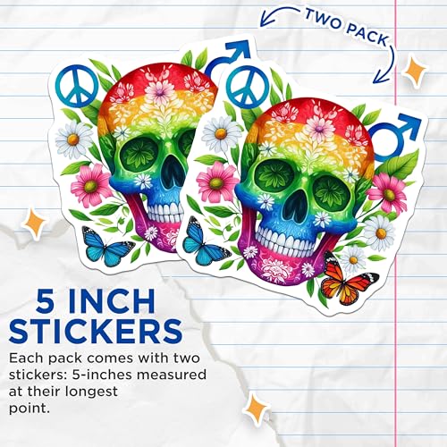 (2 Pack) Rainbow Skull Stickers - LGBTQ Pride - Unique Skull Art - Colorful Skull Decal - 5" On Longest Side - Sticks to Smooth Flat Surfaces - Made in USA - BMCS6453