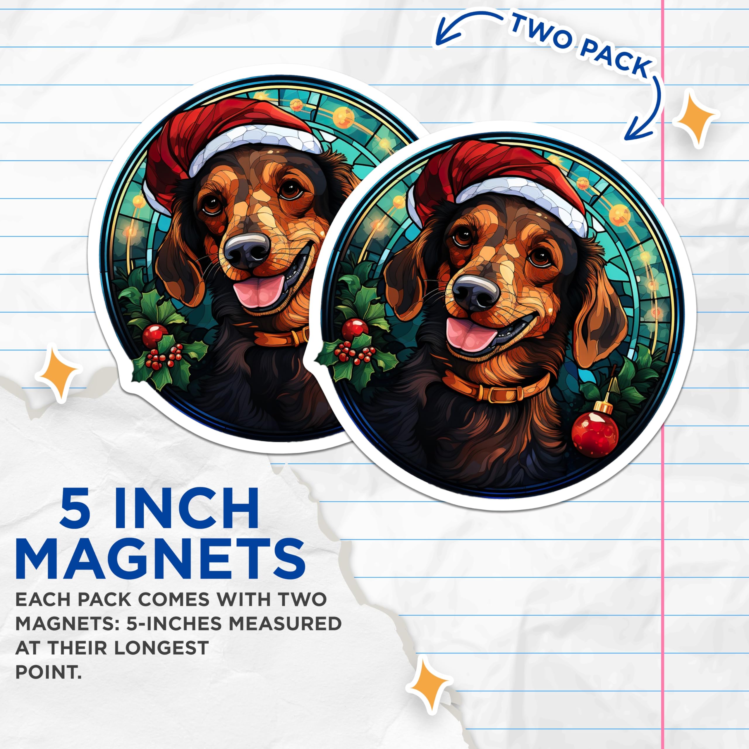 (2 Pack) Christmas Dachshund Magnets - Stained Glass Dog Decor - Festive Pet Art - 5 Inches On Longest Side - Thick Durable Magnet - Made in USA - MAG23365