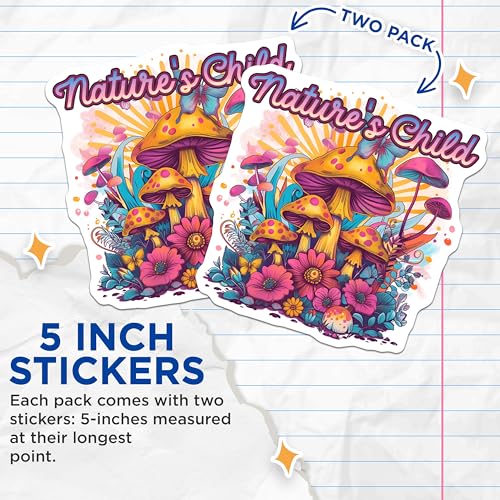 (2 Pack) Nature's Child Stickers - Mushroom Art Stickers - Nature Illustration Stickers - 5" On Longest Side - Sticks to Smooth Flat Surfaces - Made in USA - BMCS6151