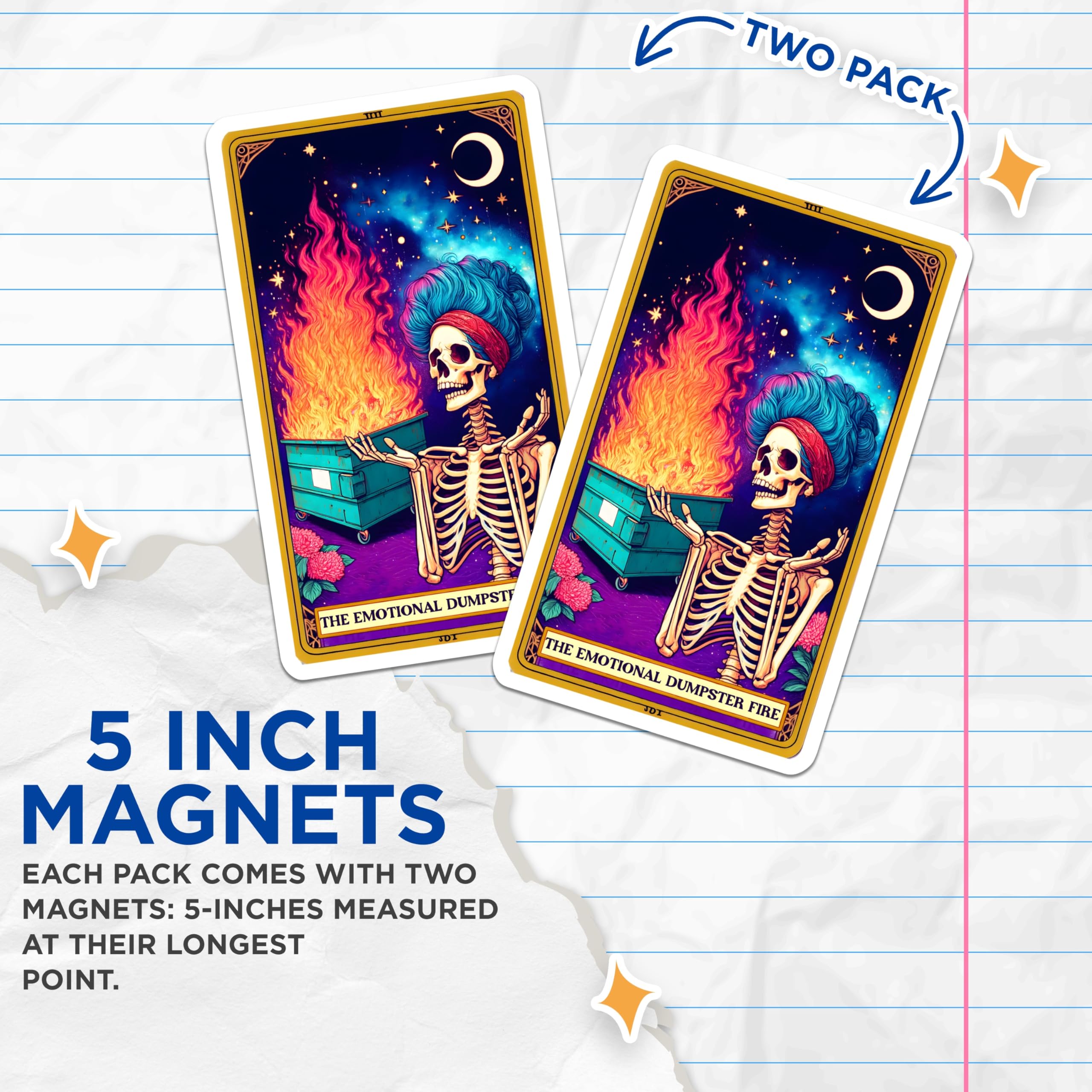 (2 Pack) Emotional Dumpster Fire Magnets - Funny Skeleton Tarot Card - Mental Health Humor Decor - Relatable Sarcasm - 5 Inches On Longest Side - Thick Durable Magnet - Made in USA - MAG21127