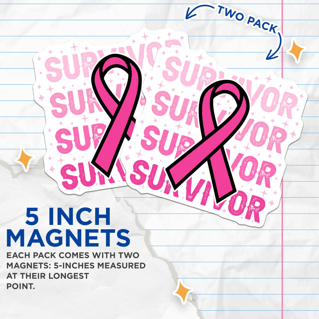 (2 Pack) Survivor Ribbon Magnets - Breast Cancer Awareness - Pink Ribbon Magnet - 5" On Longest Side - Premium Magnet - for Cars, Refrigerators, Toolboxes, Lockers - Made in USA - MAG16880