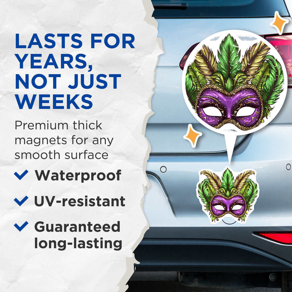 (2 Pack) Mardi Gras Mask Magnets - New Orleans Carnival Masquerade Decor - Purple Green Gold Festival Accessory - 5 Inches On Longest Side - Thick Durable Magnet - Made in USA - MAG36763