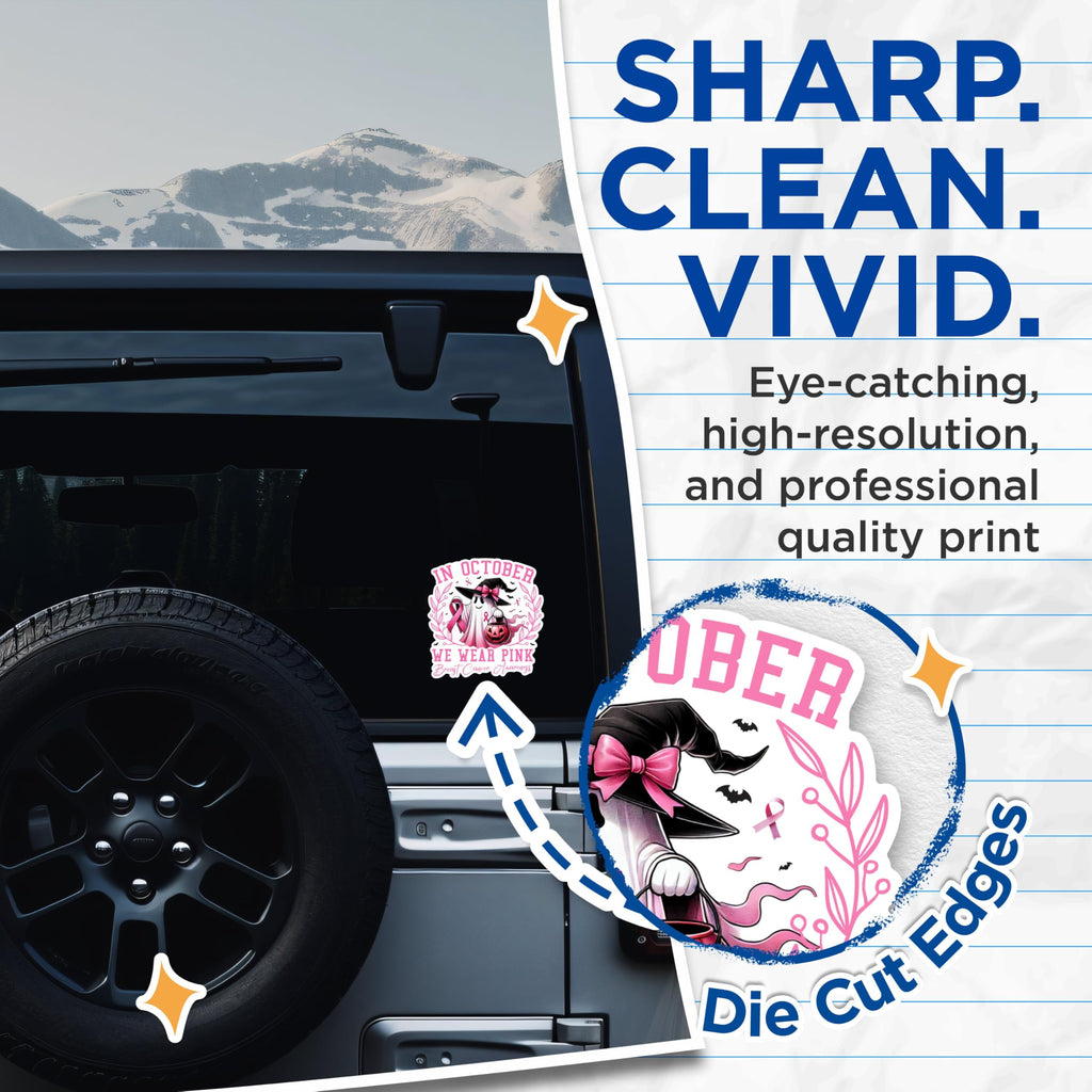 (2 Packs) in October We Wear Pink Stickers - Breast Cancer Awareness Decals - 5 Inches On Longest Side - Premium Vinyl Decal - Sticks to Any Smooth Flat Surface - Made in USA - BMCS2485
