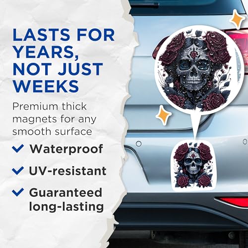 (2 Packs) Gothic Skulls with Rose Magnets - Skull and Rose Design Magnets - 5 Inches On Longest Side - Premium Magnet - for Fridges, Toolboxes, Cars - Made in USA - MAG2303