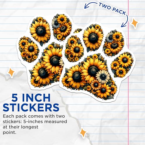 (2 Pack) Sunflower Paw Print Stickers - Floral Paw Decals - Cute Animal Lover - 5" On Longest Side - Sticks to Smooth Flat Surfaces - Made in USA - BMCS7977