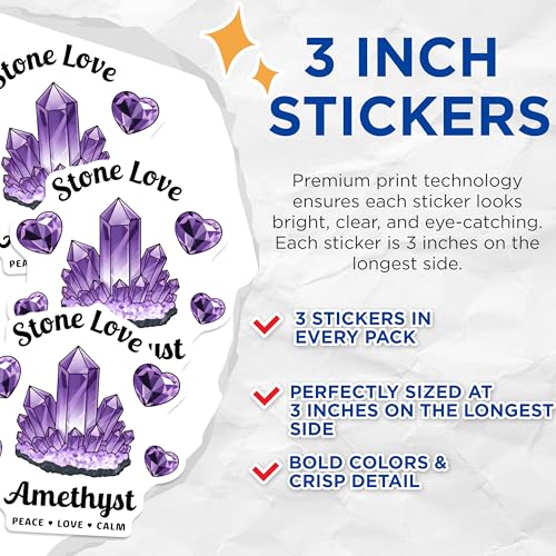 (3 Pack) Amethyst Crystal Decals - Stone Love Stickers - Peace Love Calm Decal- 3 Inches On Longest Side - Easy Peel & Apply - Made in USA - 3MCS5333
