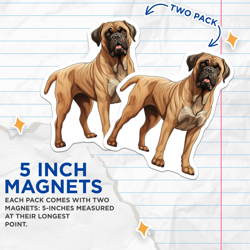 (2 Pack) Bullmastiff Magnets - Loyal Dog Breed Art - Dog Mom Pet Owner Refrigerator Decor - Canine Lover Home Accessory - 5 Inches On Longest Side - Thick Durable Magnet - Made in USA - MAG30183