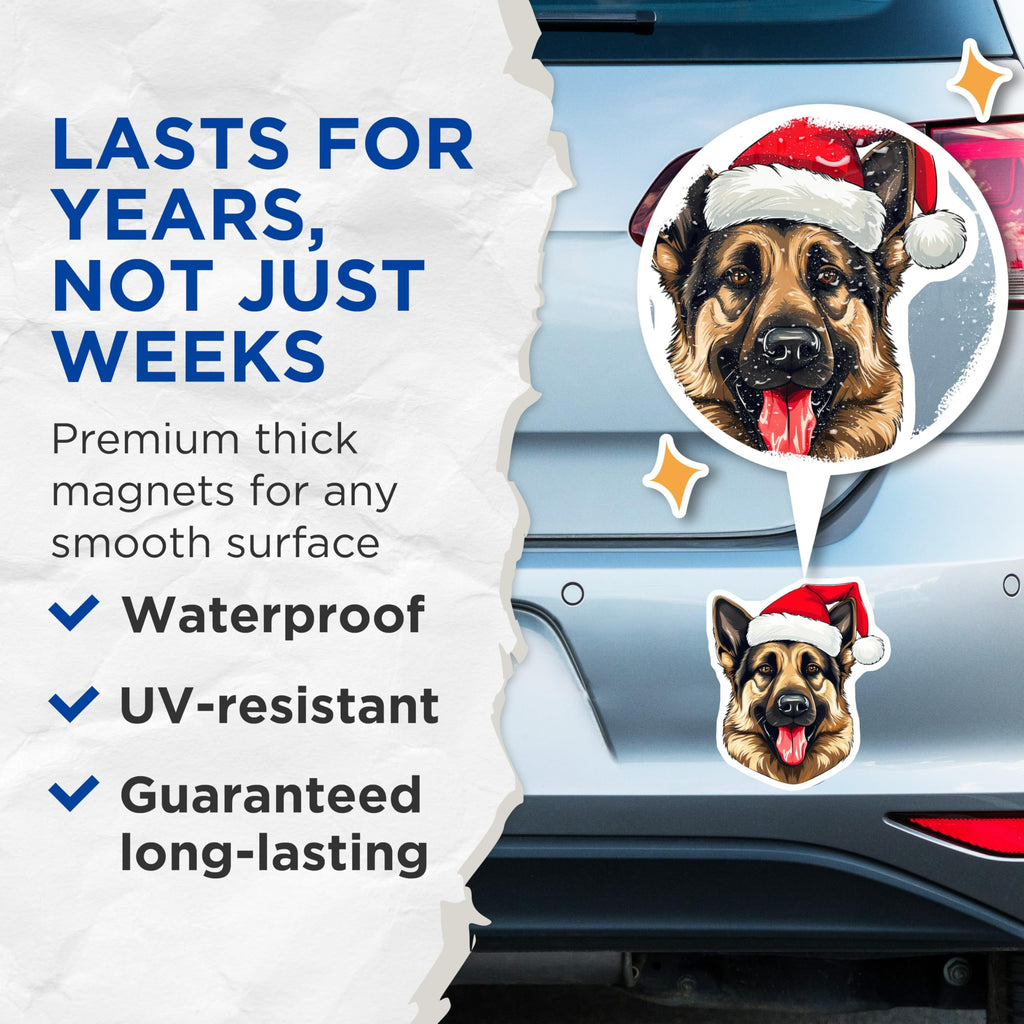 (2 Pack) German Shepherd Christmas Magnets - Santa Dog Holiday Decor - Pet Owner Stocking Stuffer - 5 Inches On Longest Side - Thick Durable Magnet - Made in USA - MAG27936