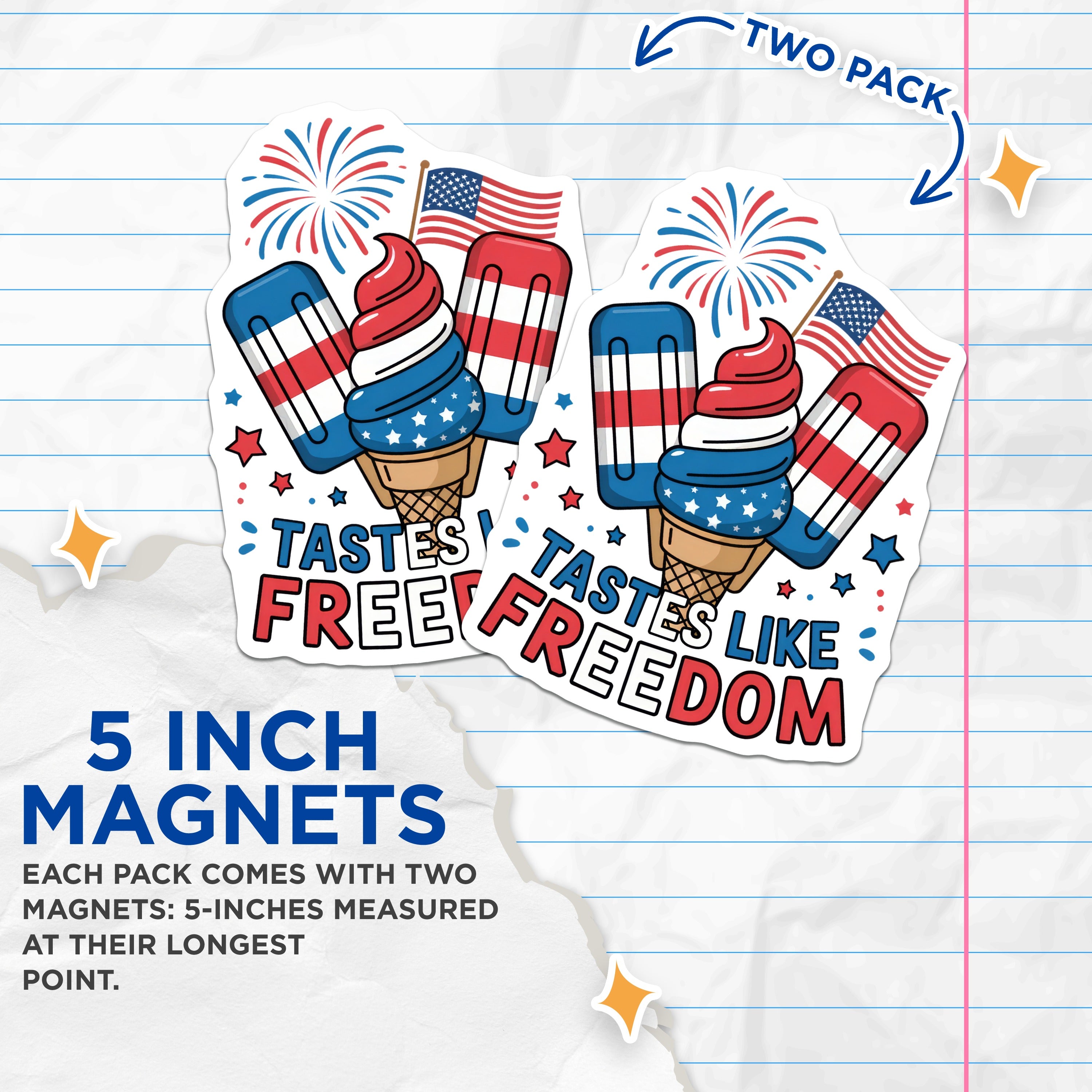 (2 Pack) American Freedom Magnets - July 4th Ice Cream Decor - Tastes Like Freedom Refrigerator Magnet - 5 Inches On Longest Side - Thick Durable Magnet - Made in USA - MAG37256