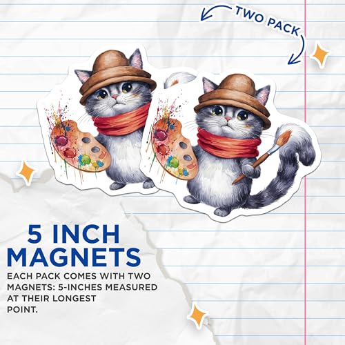 (2 Pack) Cute Cat Artist Magnets Magnets - Adorable Feline Fridge Decor - 5" On Longest Side - Made in USA - Sticks to Refrigerators & Metal Surfaces - MAG8632