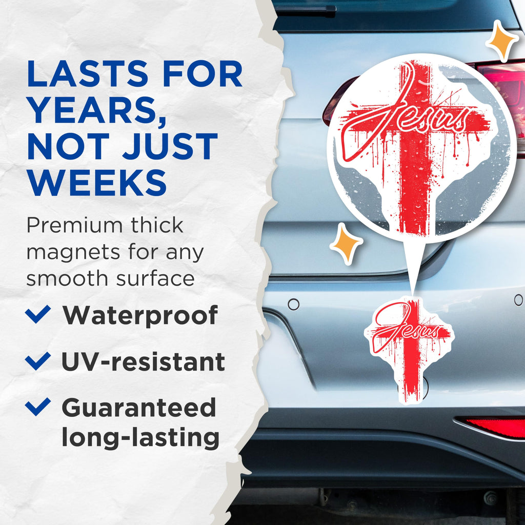 (2 Pack) Jesus Christ Cross Design Magnets - Red Grunge Faith Symbol - Spiritual Refrigerator Decor - 5 Inches On Longest Side - Thick Durable Magnet - Made in USA - MAG19665