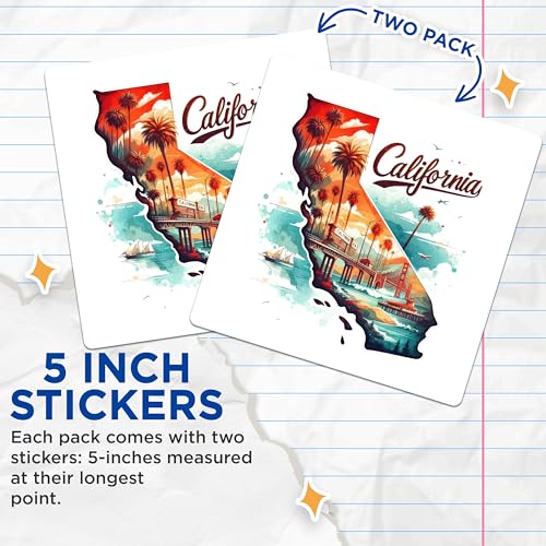 (2 Pack) California State Stickers - Travel Adventure Stickers - West Coast Californian Theme Decals - 5" On Longest Side - Sticks to Smooth Flat Surfaces - Made in USA - BMCS4798