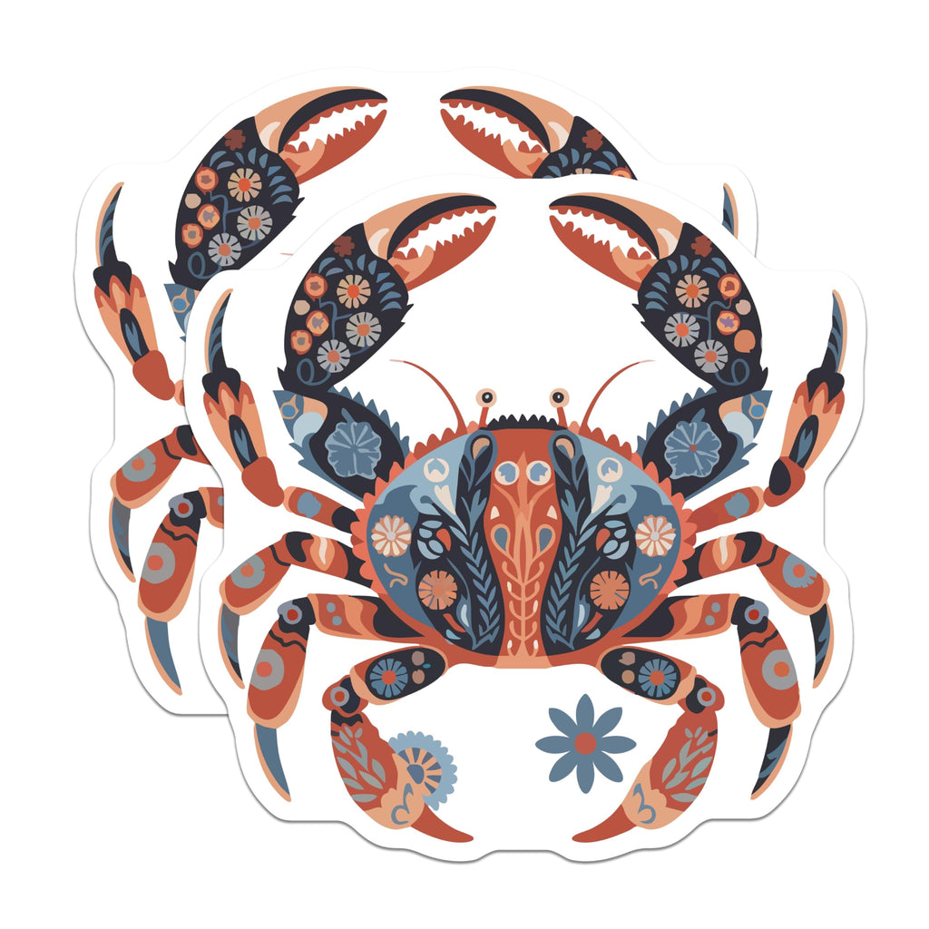 (2 Pack) Patterned Crab Magnets - Folk Art Sea Life Decor - Ocean Kitchen Refrigerator Accent - 5 Inches On Longest Side - Thick Durable Magnet - Made in USA - MAG21582