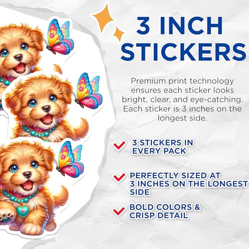 (3 Pack) Cute Puppy Dog Decals - Butterfly Friend- Laptop Decal - 3 Inches On Longest Side - Easy Peel & Apply - Made in USA - 3MCS8366