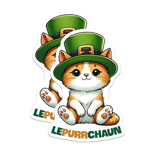 (2 Pack) Lepurrchaun Cat Stickers - Cute St Patrick's Day - 5" On Longest Side - Sticks to Smooth Flat Surfaces - Made in USA - BMCS8113