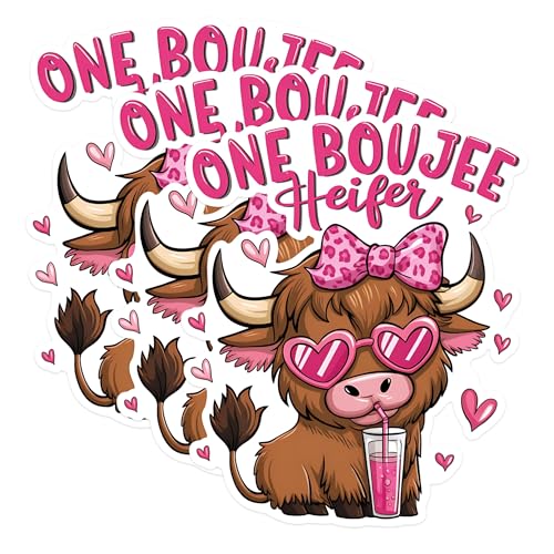 (3 Pack) Boujee Heifer Decals - Highland Cow - Cute Cow Stickers - 3 Inches On Longest Side - Easy Peel & Apply - Made in USA - 3MCS1808