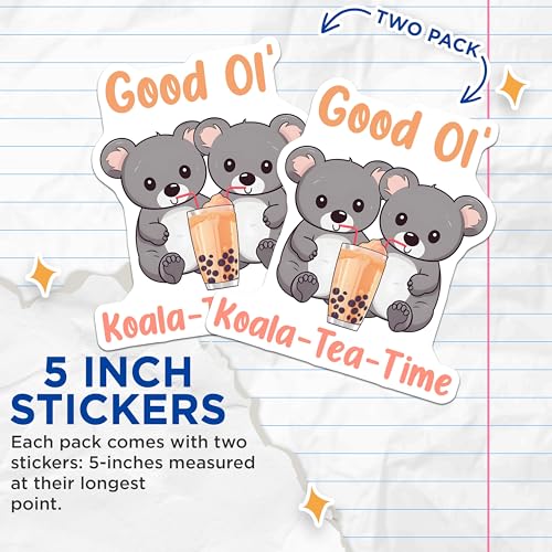 (2 Pack) Cute Koala Stickers - Bubble Tea Lovers - Adorable Cartoon Animal - 5" On Longest Side - Sticks to Smooth Flat Surfaces - Made in USA - BMCS7742