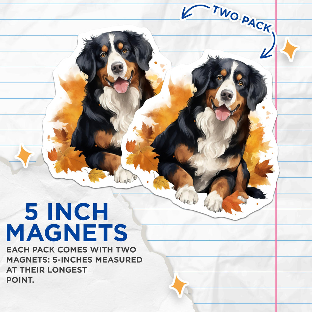 (2 Pack) Bernese Mountain Dog Magnets - Autumn Dog Decor - Fall Pet Lover - Berner Dog Owner Art - Farmhouse Kitchen Accent - 5 Inches On Longest Side - Thick Durable Magnet - Made in USA - MAG26442