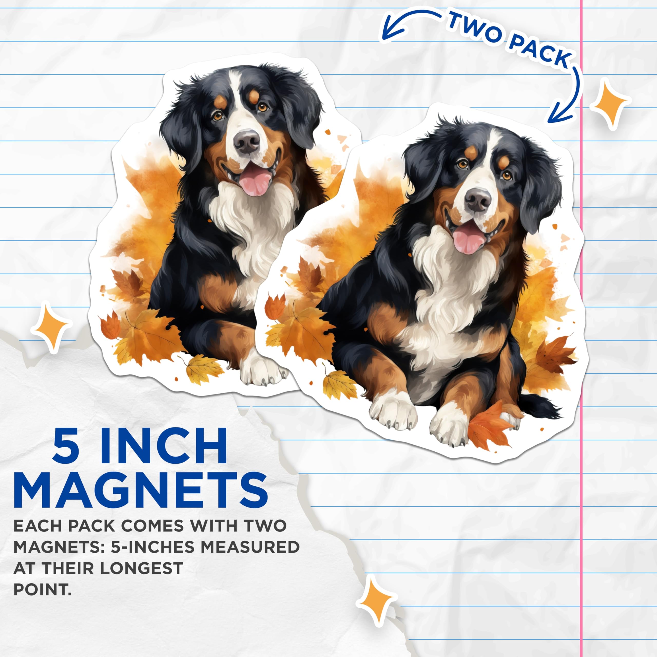 (2 Pack) Bernese Mountain Dog Magnets - Autumn Dog Decor - Fall Pet Lover - Berner Dog Owner Art - Farmhouse Kitchen Accent - 5 Inches On Longest Side - Thick Durable Magnet - Made in USA - MAG26442