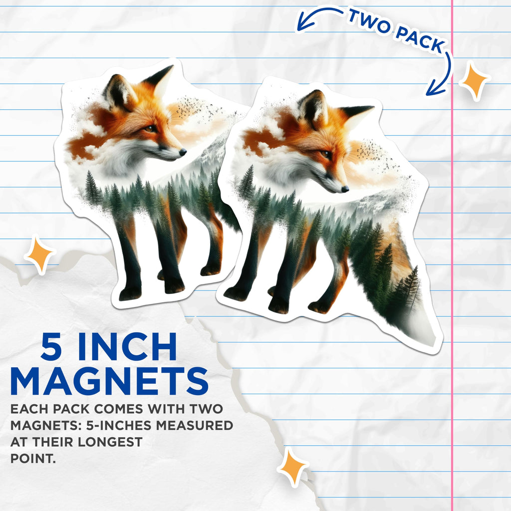 (2 Pack) Fox Artwork Magnets - Double Exposure Forest - Wildlife Scene Home Decor - 5" On Longest Side - Premium Magnet - for Cars, Refrigerators, Toolboxes, Lockers - Made in USA - MAG14652