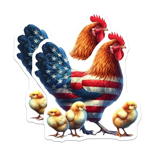 (2 Pack) Patriotic Rooster and Chicks Magnets - American Flag Rooster - Farmhouse Kitchen Decor - Rustic Farm Animal - 5" On Longest Side - for Cars, Fridges, Toolboxes - Made in USA - MAG6967