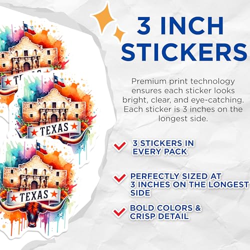 (3 Pack) Texas Decals - Alamo - Longhorn- 3 Inches On Longest Side - Easy Peel & Apply - Made in USA - 3MCS5689