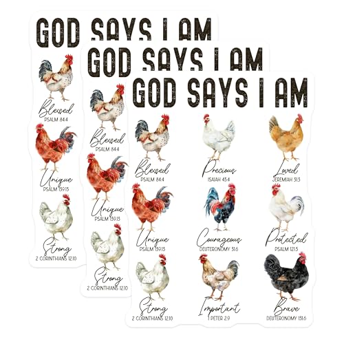 (3 Pack) God Says I Am Decals - Chicken Art Stickers - Religious Verse Decals - 3 Inches On Longest Side - Easy Peel & Apply - Made in USA - 3MCS2255