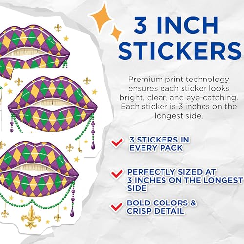 (3 Pack) Mardi Gras Lips Decals - Harlequin Pattern - Fleur De Lis Decor - 3 Inches On Longest Side - Easy Peel & Apply - Made in USA - 3MCS4538
