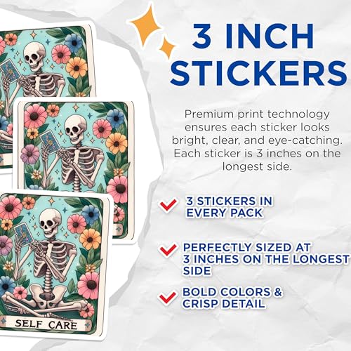 (3 Pack) Self Care Skeleton Decals - Tarot Card - Floral Bone Decals - 3 Inches On Longest Side - Easy Peel & Apply - Made in USA - 3MCS8208