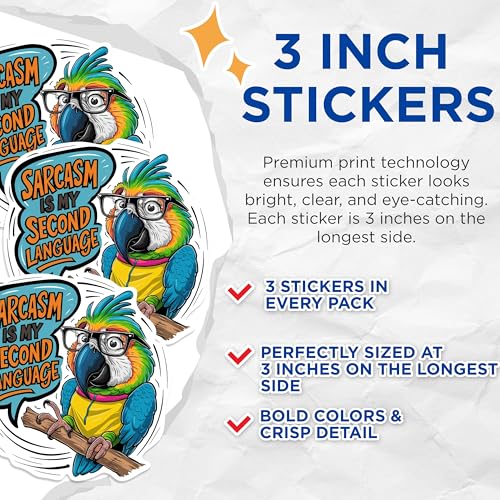 (3 Pack) Sarcastic Parrot Decals - Funny Bird Art - Snarky Humor Decals - 3 Inches On Longest Side - Easy Peel & Apply - Made in USA - 3MCS0903