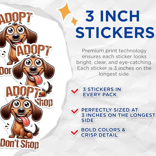 (3 Pack) Adopt Don't Shop Decals - Cute Puppy Art - Animal Rescue Decals - 3 Inches On Longest Side - Easy Peel & Apply - Made in USA - 3MCS1268