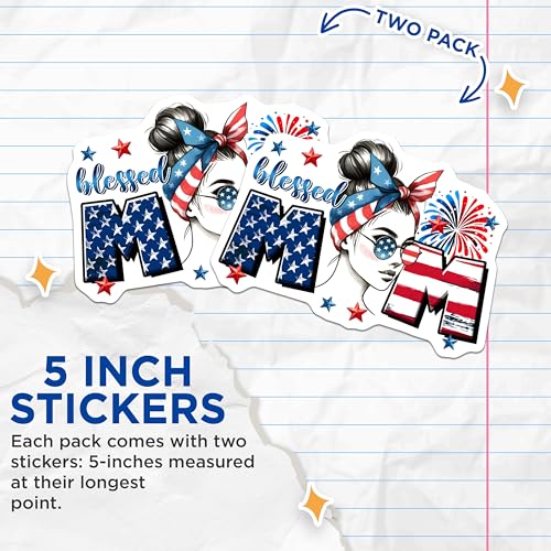 (2 Pack) Patriotic Mom Stickers - 4th of July - Independence Day - American Flag - 5" On Longest Side - Sticks to Smooth Flat Surfaces - Made in USA - BMCS7453