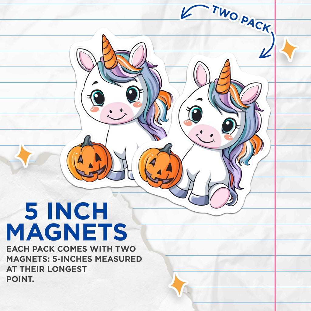 (2 Pack) Unicorn Halloween Magnets - Cute Jack O Lantern Decor - Kawaii Fantasy Fridge Magnets for Kids Room - 5 Inches On Longest Side - Thick Durable Magnet - Made in USA - MAG38971
