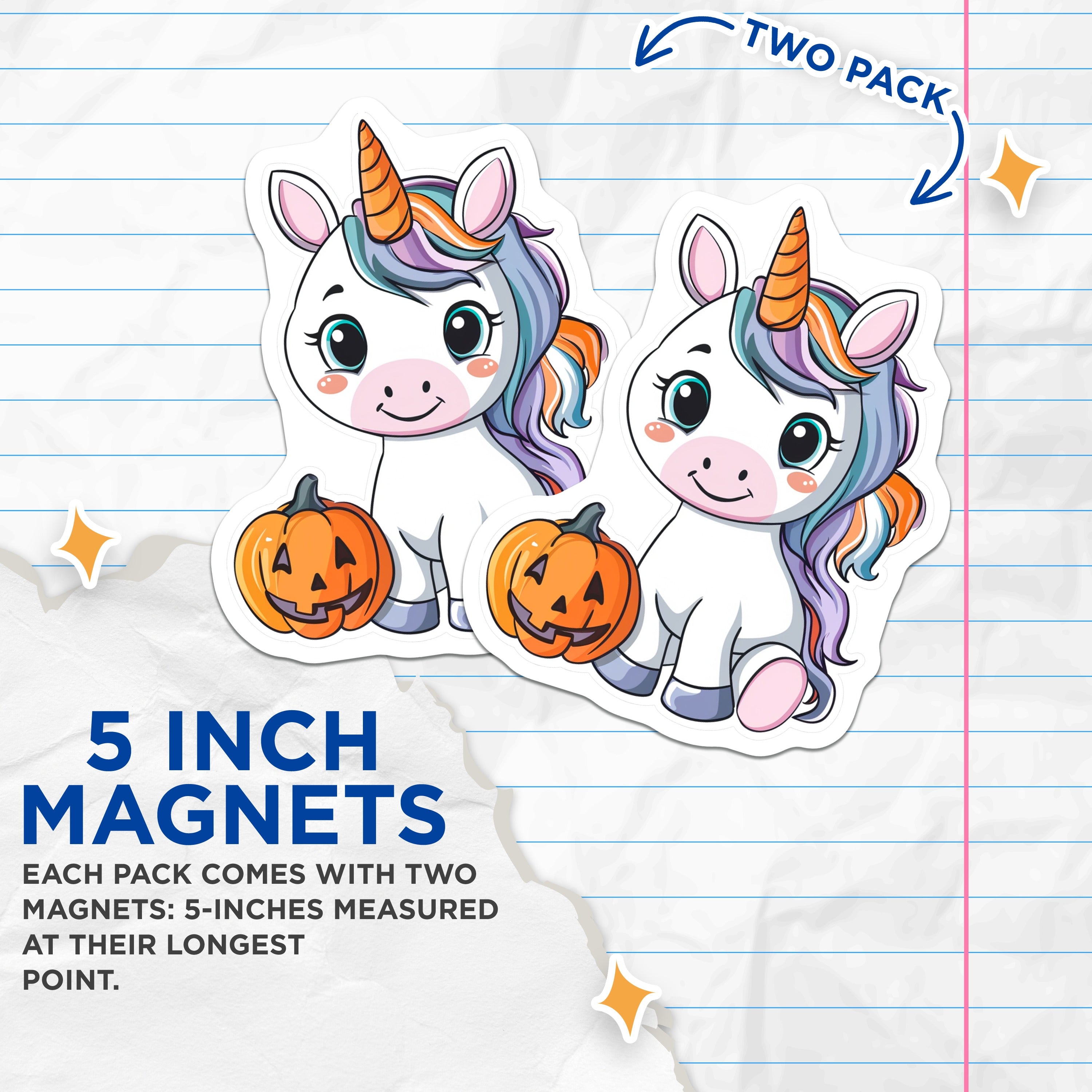 (2 Pack) Unicorn Halloween Magnets - Cute Jack O Lantern Decor - Kawaii Fantasy Fridge Magnets for Kids Room - 5 Inches On Longest Side - Thick Durable Magnet - Made in USA - MAG38971