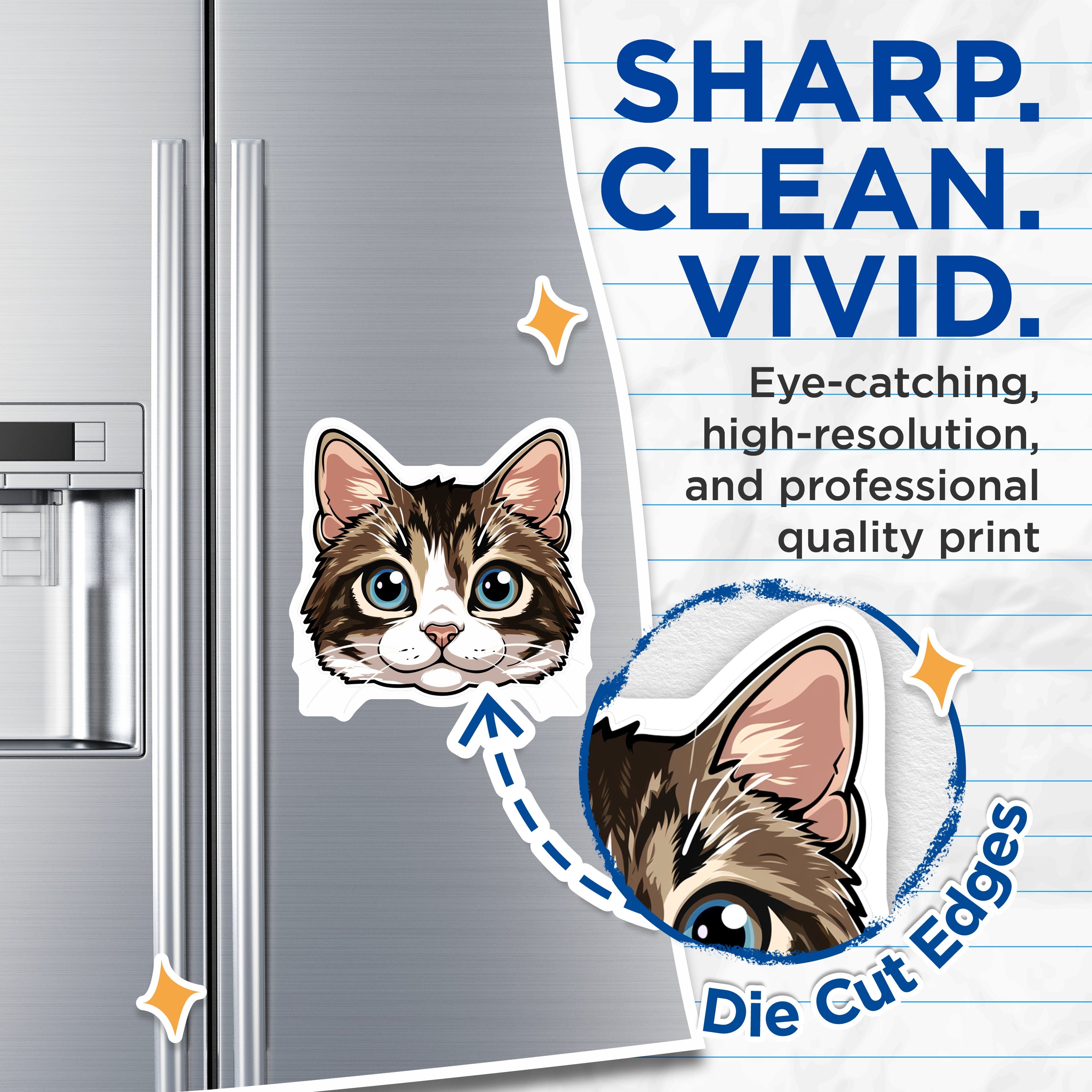 (2 Pack) Adorable Cat Face Magnets - Blue Eyed Kitty Fridge Decor - Pet Enthusiast Home Accent - Feline Lover Item - 5 Inches On Longest Side - Thick Durable Magnet - Made in USA - MAG37385