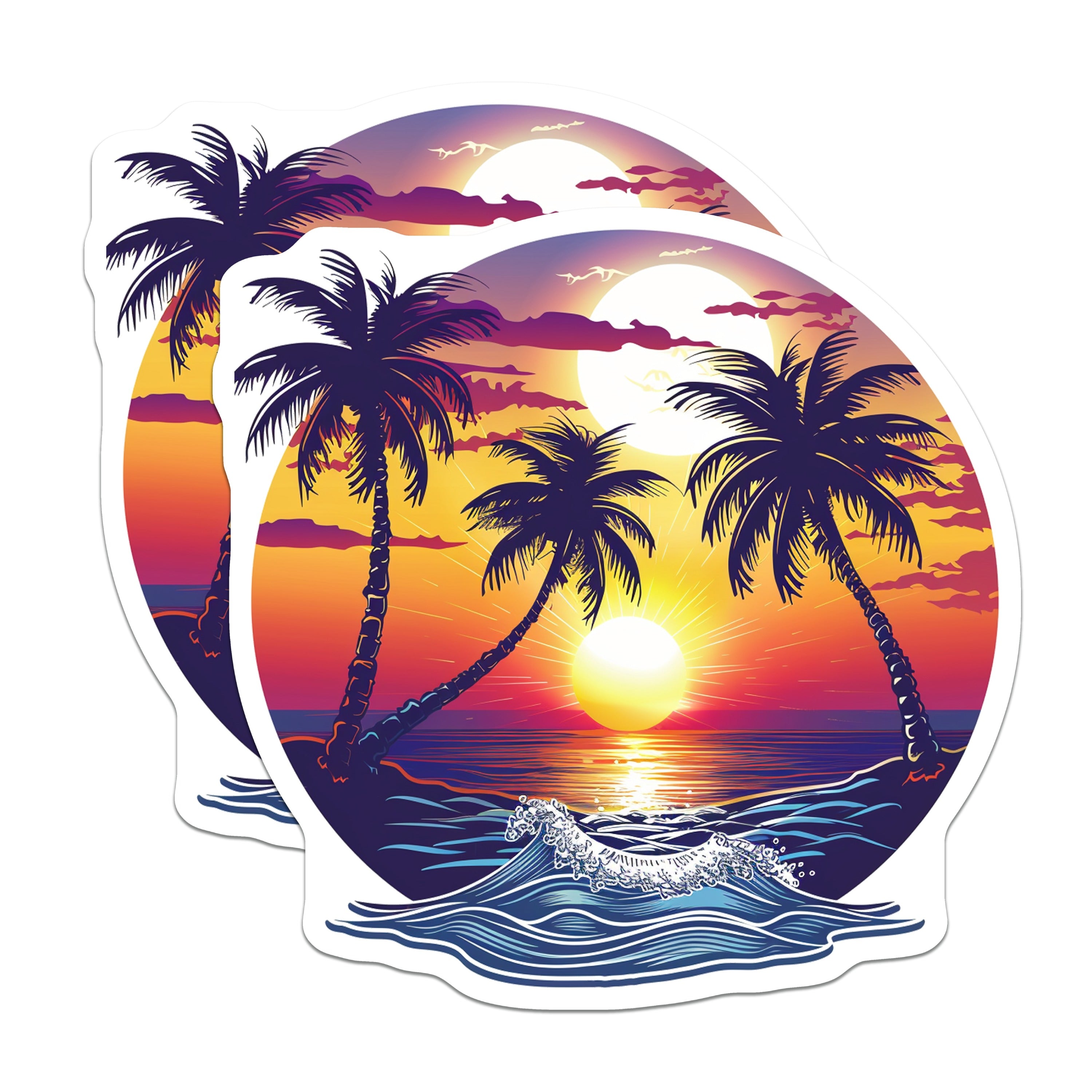 (2 Pack) Vibrant Tropical Sunset Refrigerator Magnets - Coastal Beach Wave Art - Palm Tree Scene Kitchen Decor - 5 Inches On Longest Side - Thick Durable Magnet - Made in USA - MAG37398