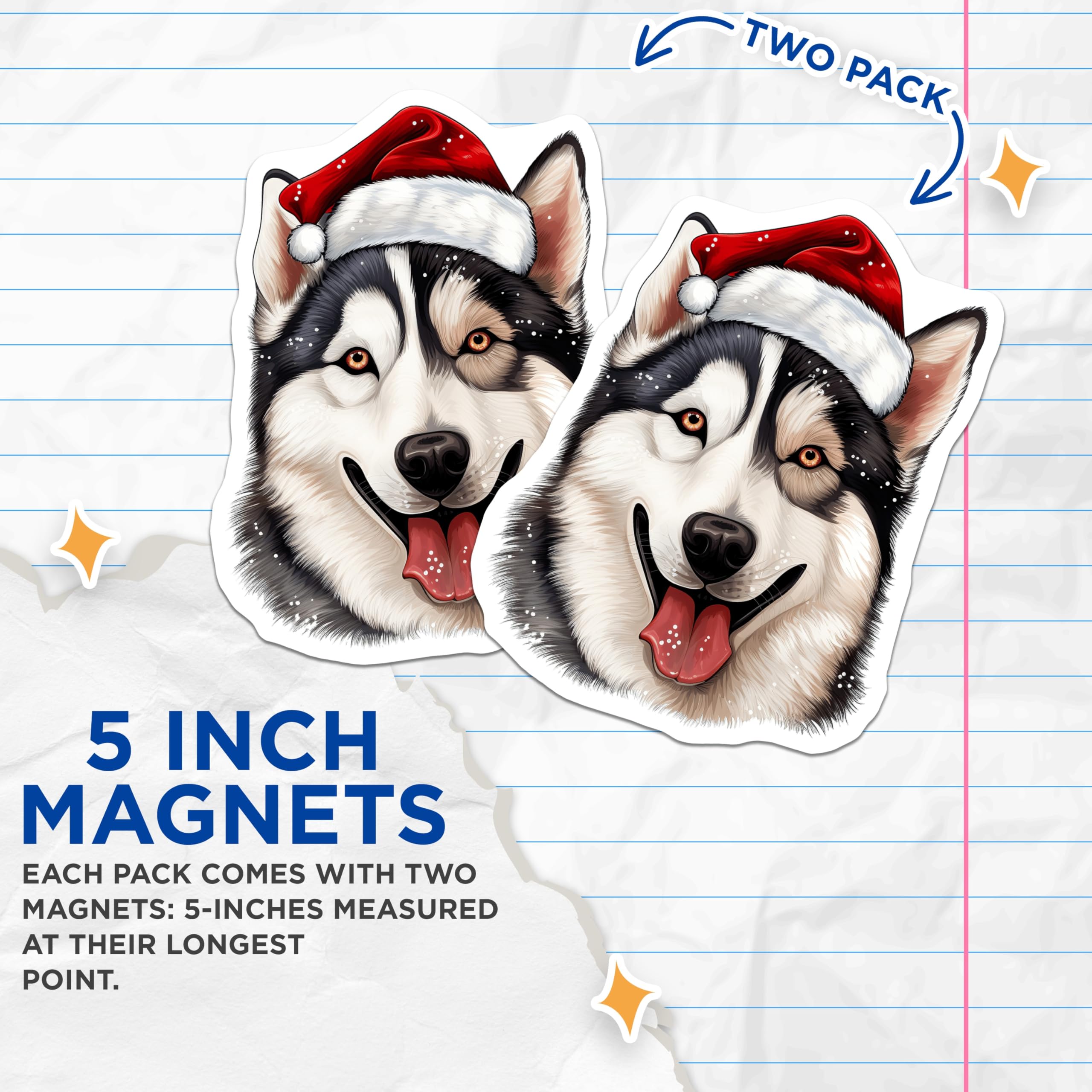 (2 Pack) Christmas Husky Magnets - Santa Hat Dog Magnet - Festive Animal Decor for Refrigerator - 5 Inches On Longest Side - Thick Durable Magnet - Made in USA - MAG29328