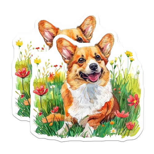 (2 Pack) Corgi Dog Stickers - Cute Pet Illustration - Adorable Cartoon Canine Stickers - 5" On Longest Side - Sticks to Smooth Flat Surfaces - Made in USA - BMCS6717