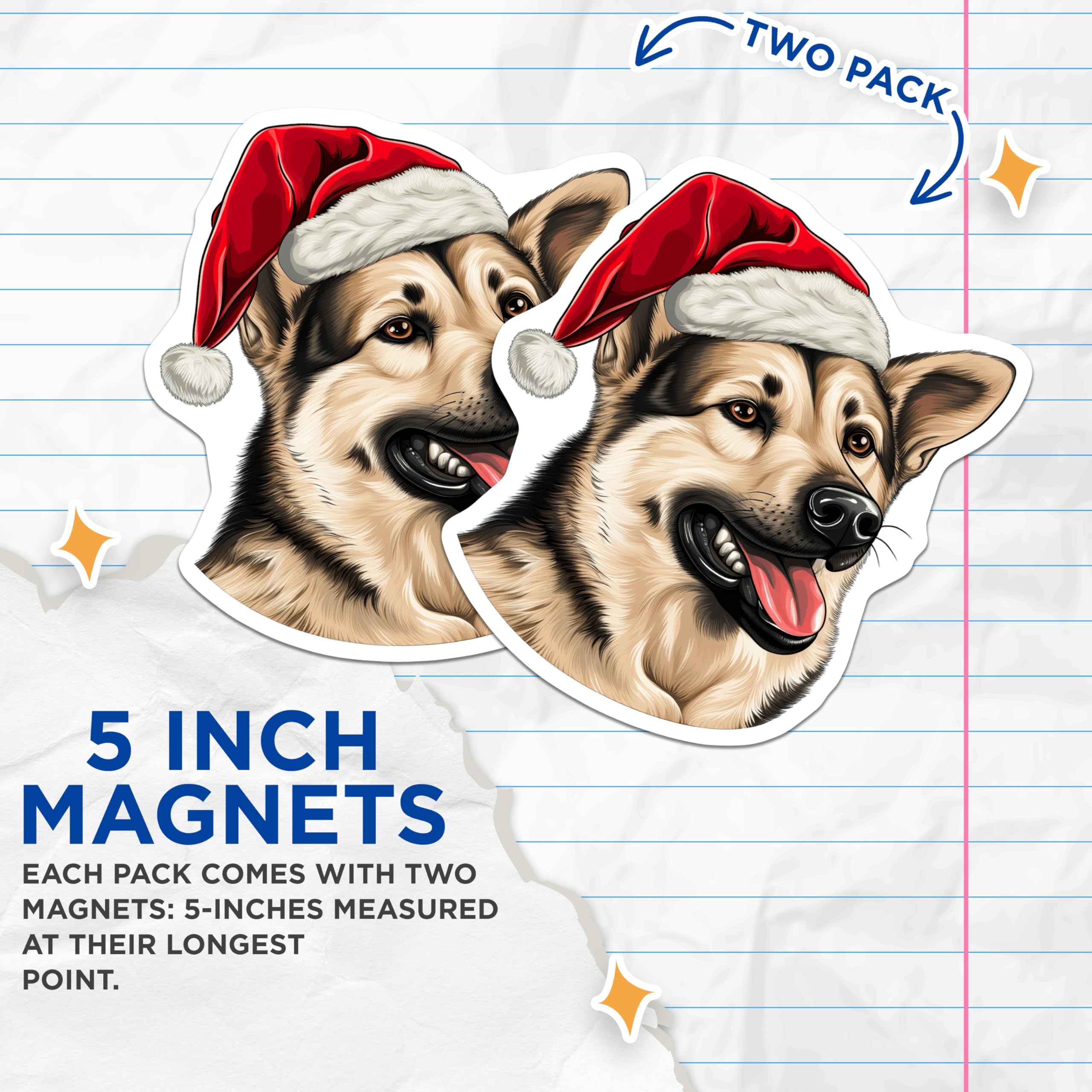 (2 Pack) German Shepherd Christmas Magnets - Santa Hat Dog Decor - Holiday Pet Lover Fridge Magnets - 5 Inches On Longest Side - Thick Durable Magnet - Made in USA - MAG27804