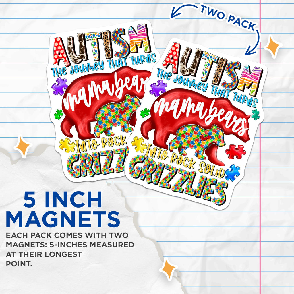 (2 Pack) Autism Awareness Magnets - Mama Bear Strength Journey - Puzzle Piece Neurodiversity Advocacy Statement - 5 Inches On Longest Side - Thick Durable Magnet - Made in USA - MAG24746