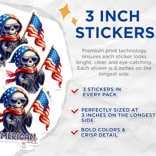 (3 Pack) Patriotic Reaper Decals - American Yall - Laptop Decals - 3 Inches On Longest Side - Easy Peel & Apply - Made in USA - 3MCS6689