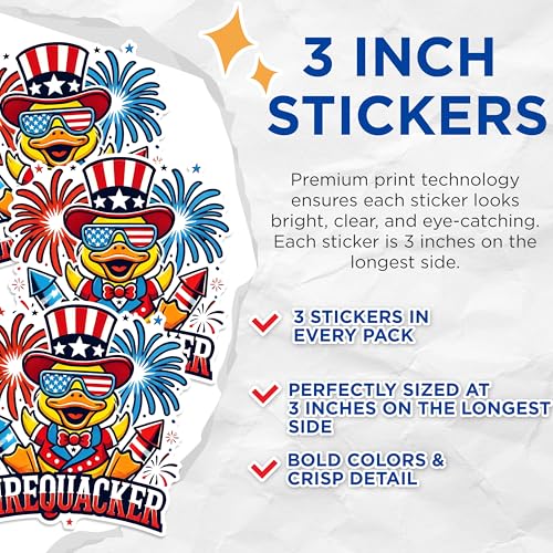 (3 Pack) Firequacker Decals - Patriotic Duck - 4th of July Decals - 3 Inches On Longest Side - Easy Peel & Apply - Made in USA - 3MCS1542