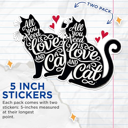 (2 Pack) Love and Cat Stickers - Inspirational Cat Stickers - Cat Lover Quote Stickers - 5" On Longest Side - Sticks to Any Smooth Flat Surface - Made in USA - BMCS2804