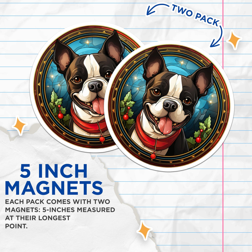 (2 Pack) Boston Terrier Christmas Magnets - Holiday Dog Decor - Stained Glass Pet Lover Refrigerator Art - 5 Inches On Longest Side - Thick Durable Magnet - Made in USA - MAG26035