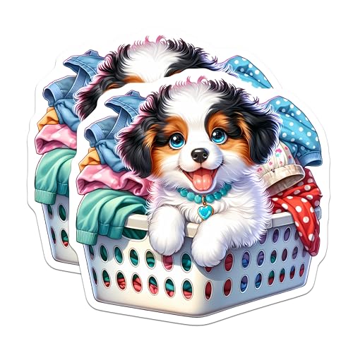 (2 Pack) Cute Puppy Dog Stickers - Laundry Basket Puppy - Adorable Pet Stickers - 5" On Longest Side - Sticks to Smooth Flat Surfaces - Made in USA - BMCS9414