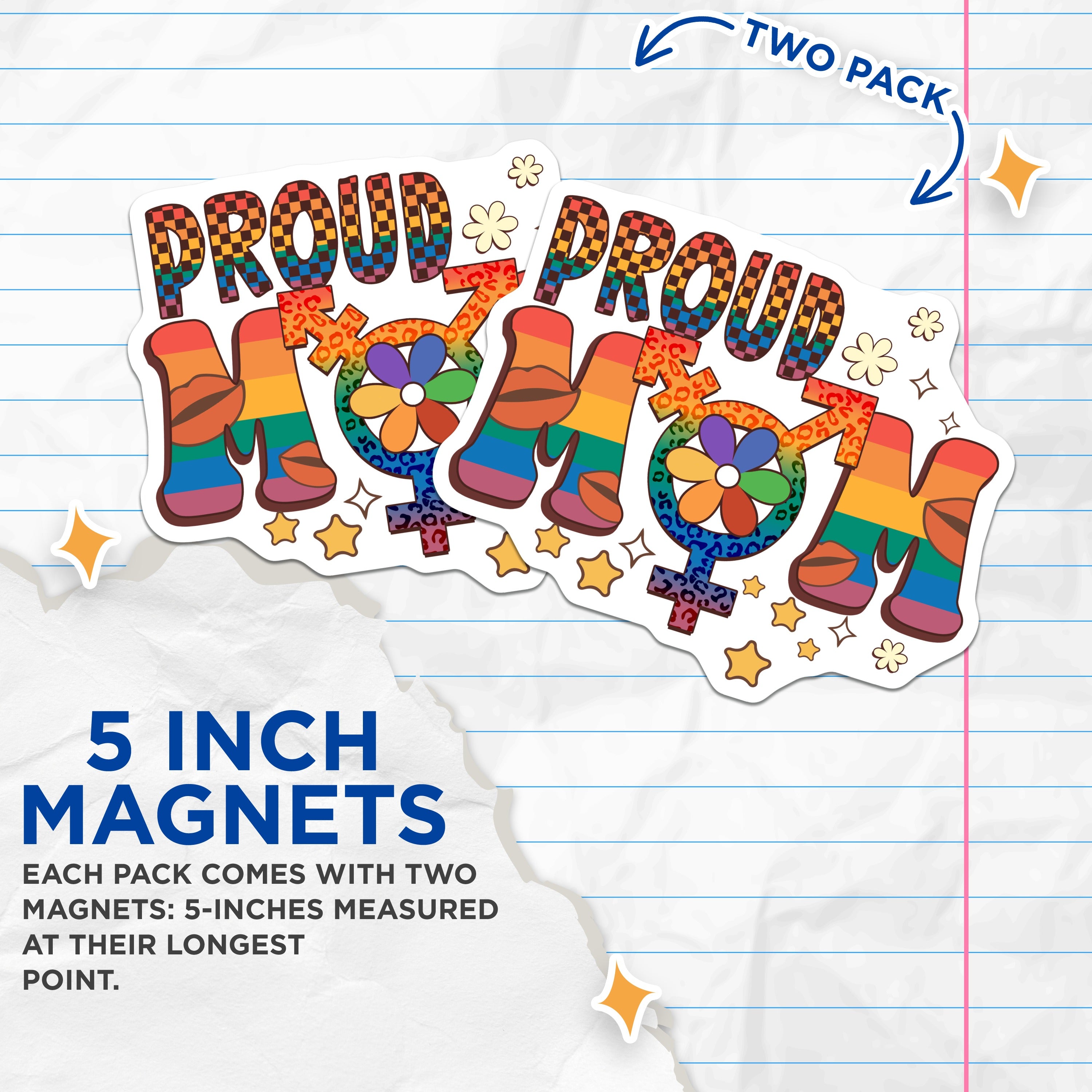 (2 Pack) Proud Mom Rainbow Magnets - LGBTQ Mama Ally Refrigerator Decor - Pride Month Supporter Accent - 5 Inches On Longest Side - Thick Durable Magnet - Made in USA - MAG36812