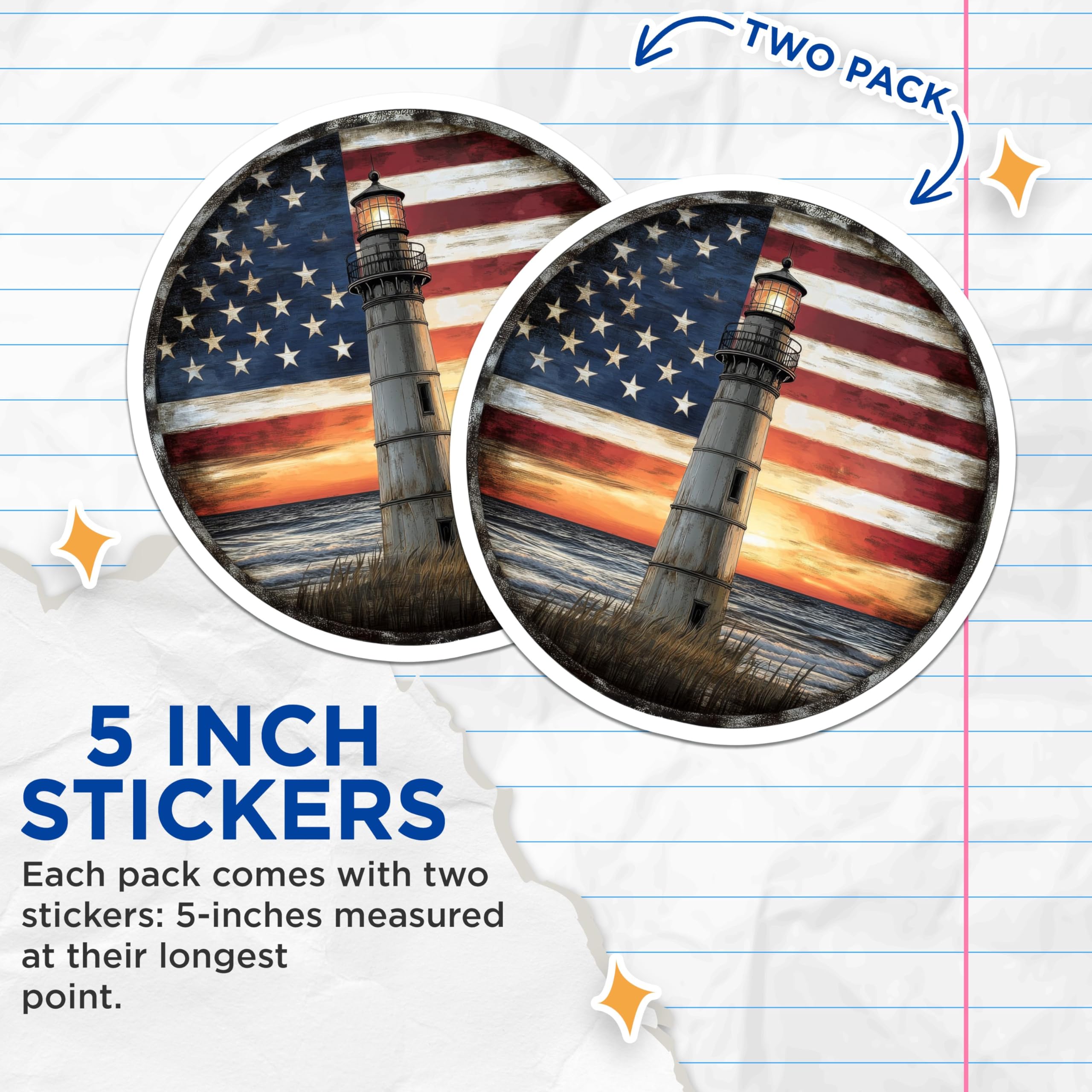 (2 Pack) American Flag Lighthouse Stickers - Coastal Sunset Stickers - Nautical Patriotic Stickers - 5" On Longest Side - Sticks to Smooth Flat Surfaces - Made in USA - BMCS9432