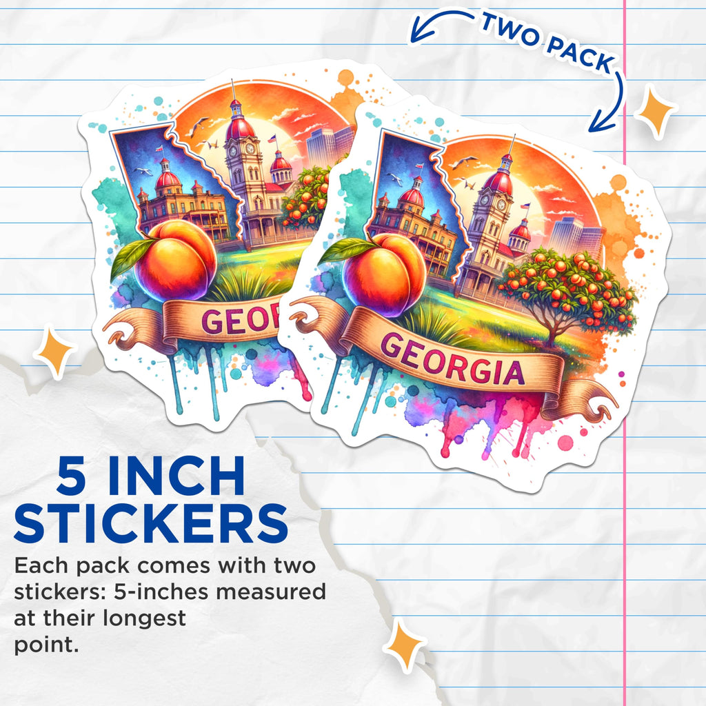 (2 Pack) Georgia State Stickers - Watercolor Art - Georgia Landmark Stickers - Peach State Illustration - Travel Decals - 5" On Longest Side - Sticks to Smooth Flat Surfaces - Made in USA - BMCS6896